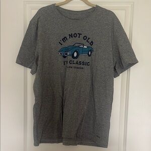 Life Is Good Gray Tee with Blue Car Graphic